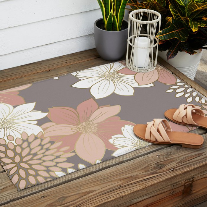 Pink and Gold Floral Garden on Gray Outdoor Rug Gallery Image 2