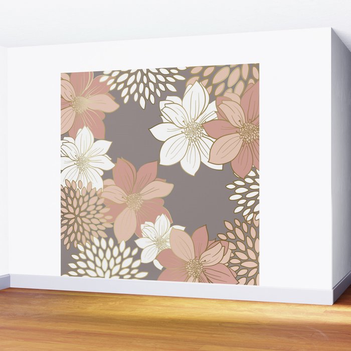 Pink and Gold Floral Garden on Gray Wall Mural Gallery Image 2