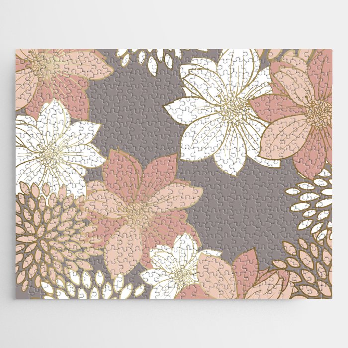 Pink and Gold Floral Garden on Gray Jigsaw Puzzle Gallery Image 1