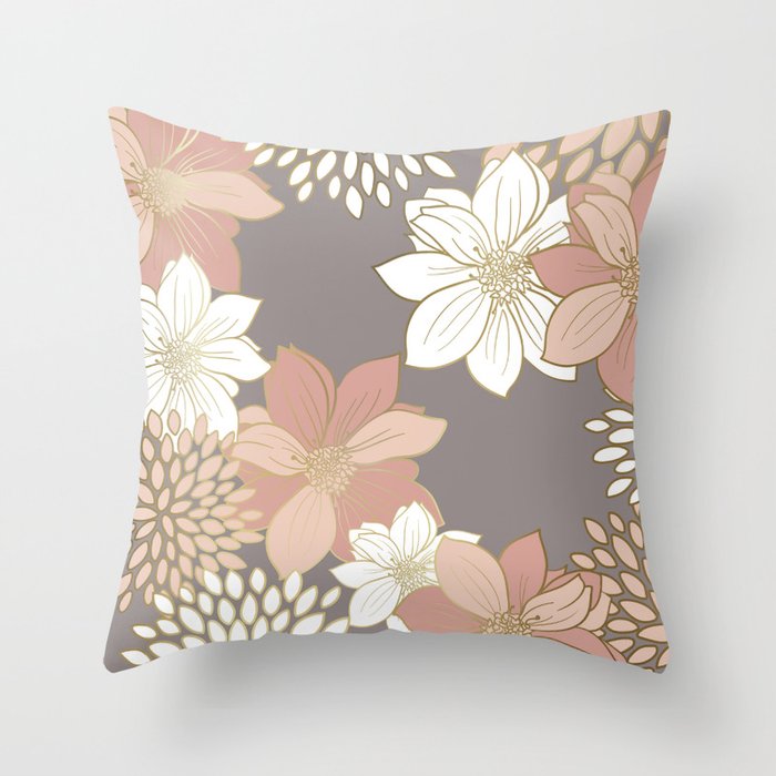 Pink and Gold Floral Garden on Gray Throw Pillow Gallery Image 6