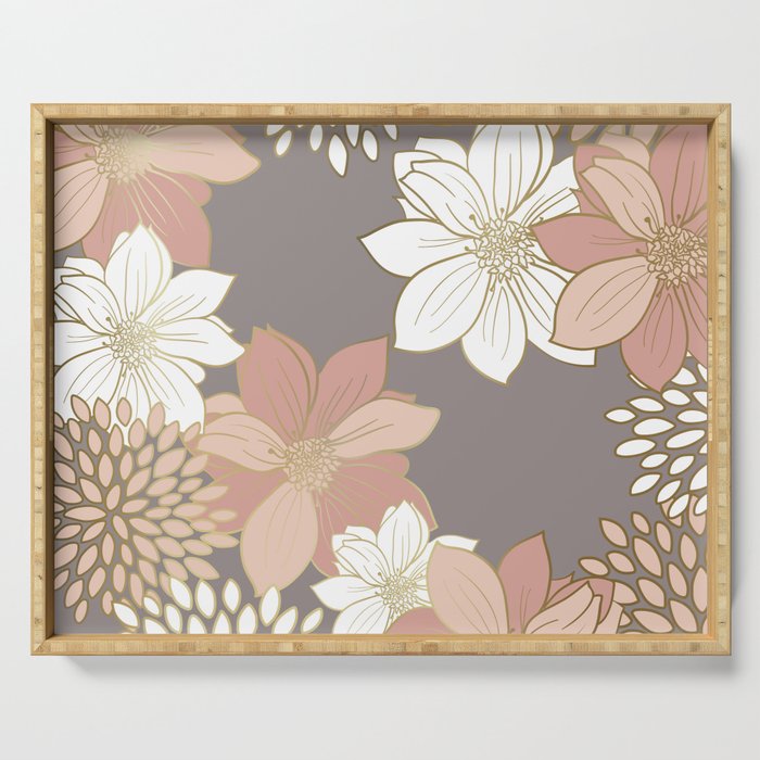 Pink and Gold Floral Garden on Gray Serving Tray Gallery Image 1