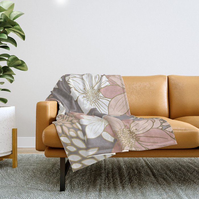 Pink and Gold Floral Garden on Gray Throw Blanket Gallery Image 1