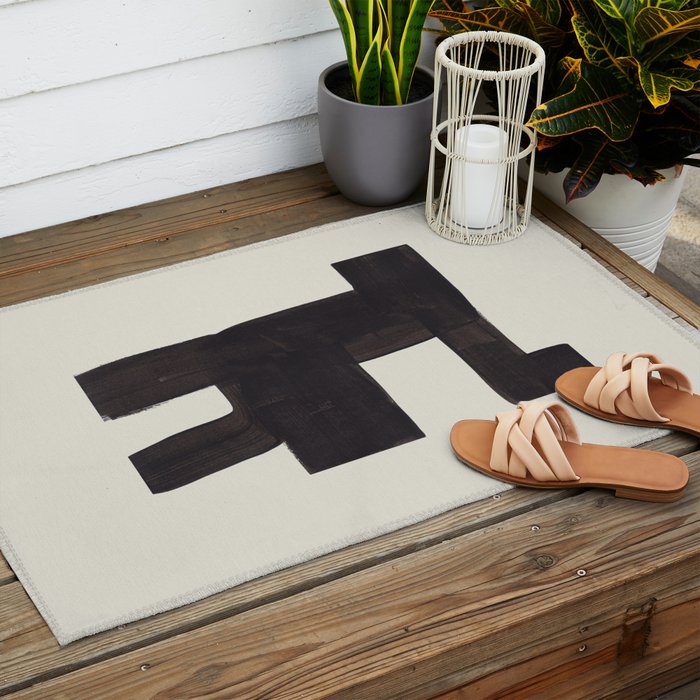 Black and White Minimalist Shapes Mid century Ink painting Outdoor Rug Gallery Image 2