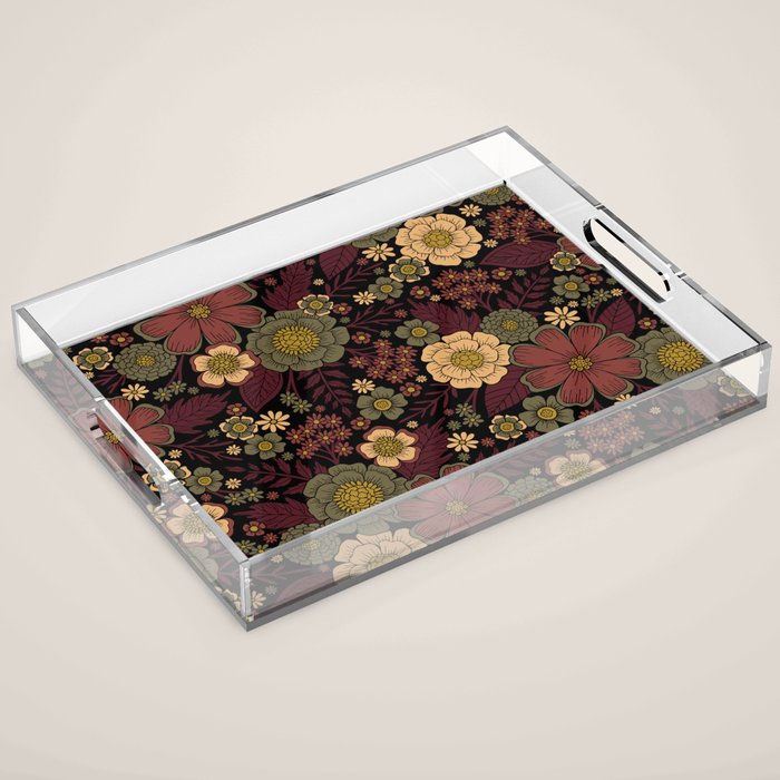 Classy Burgundy, Cream & Sage Green Floral Pattern Acrylic Tray Gallery Image 1