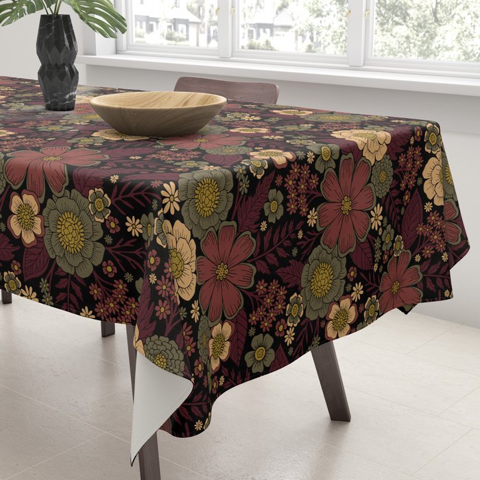 Classy Burgundy, Cream & Sage Green Floral Pattern Tablecloth Gallery Image 3