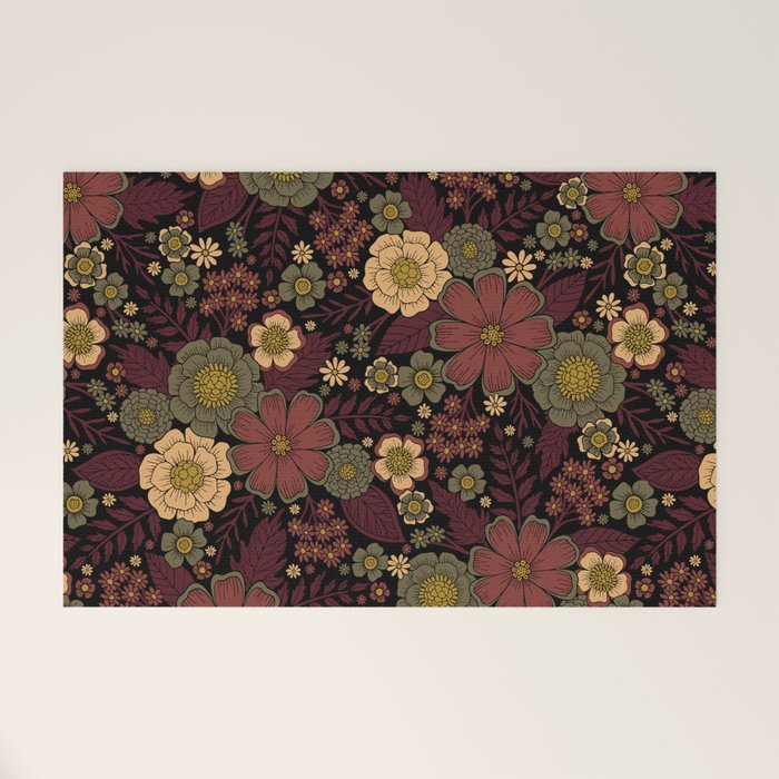 Classy Burgundy, Cream & Sage Green Floral Pattern Welcome Mat Gallery Image 1