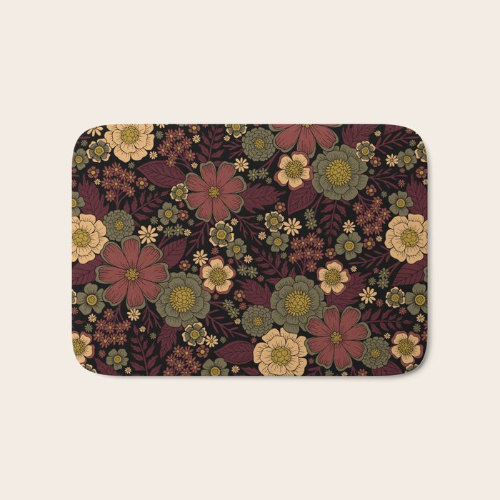 Classy Burgundy, Cream & Sage Green Floral Pattern Bath Mat Gallery Image 1