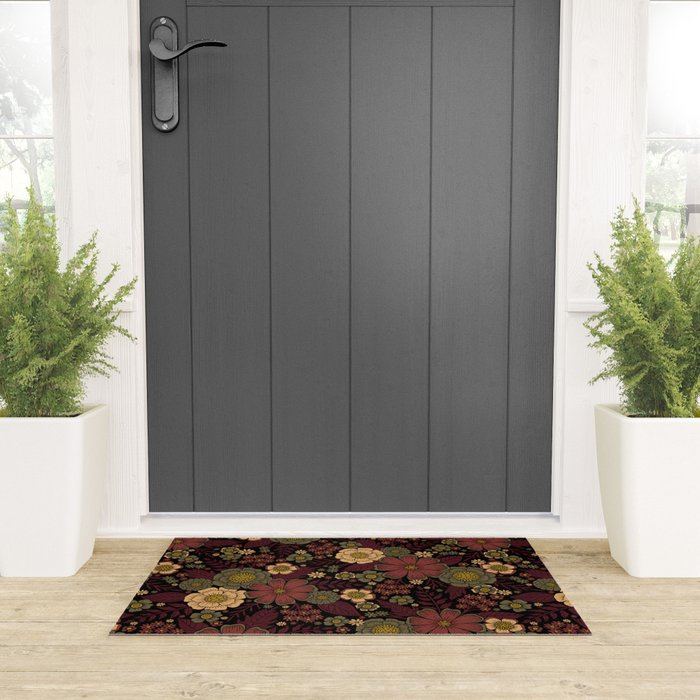 Classy Burgundy, Cream & Sage Green Floral Pattern Welcome Mat Gallery Image 3