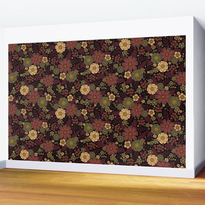 Classy Burgundy, Cream & Sage Green Floral Pattern Wall Mural Gallery Image 2