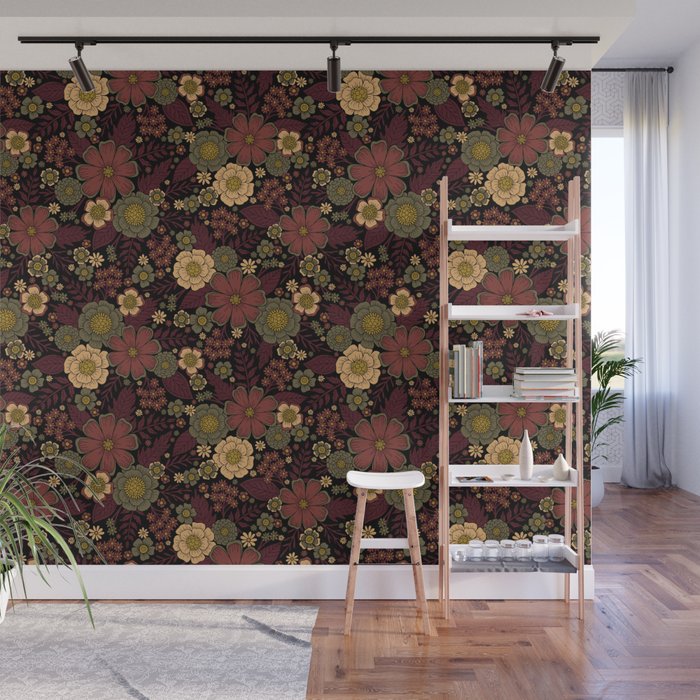 Classy Burgundy, Cream & Sage Green Floral Pattern Wall Mural Gallery Image 1
