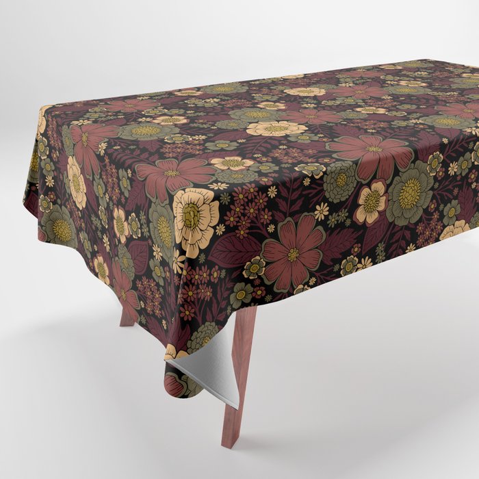 Classy Burgundy, Cream & Sage Green Floral Pattern Tablecloth Gallery Image 1
