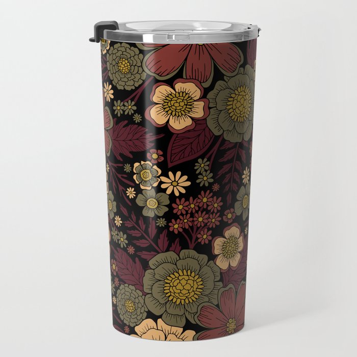 Classy Burgundy, Cream & Sage Green Floral Pattern Travel Mug Gallery Image 3