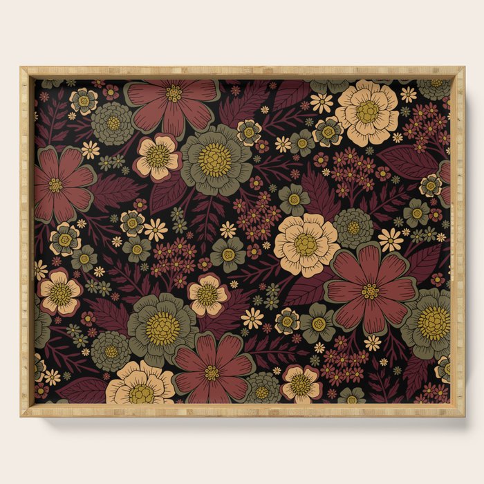 Classy Burgundy, Cream & Sage Green Floral Pattern Serving Tray Gallery Image 1