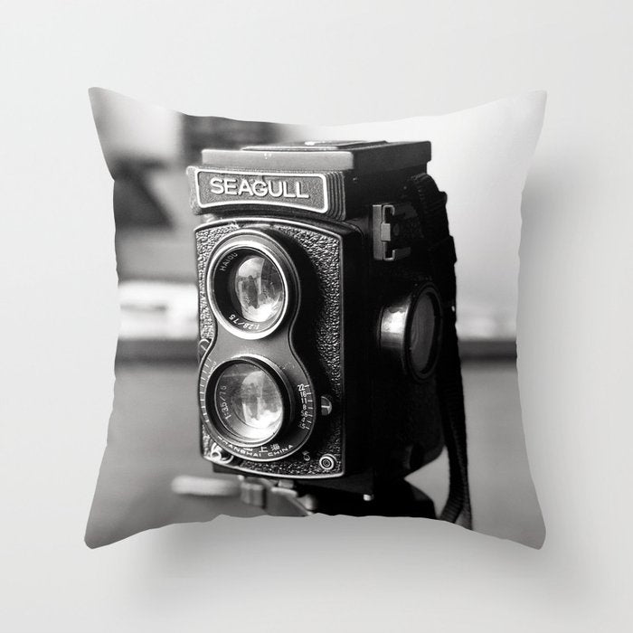 Vintage Camera Tri-pod Seagull black and white photograph - photography - photographs wall decor Throw Pillow Gallery Image 6