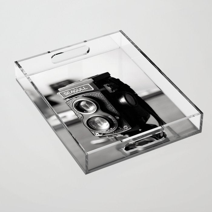 Vintage Camera Tri-pod Seagull black and white photograph - photography - photographs wall decor Acrylic Tray Gallery Image 1
