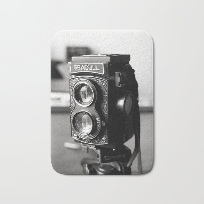 Vintage Camera Tri-pod Seagull black and white photograph - photography - photographs wall decor Bath Mat Gallery Image 1