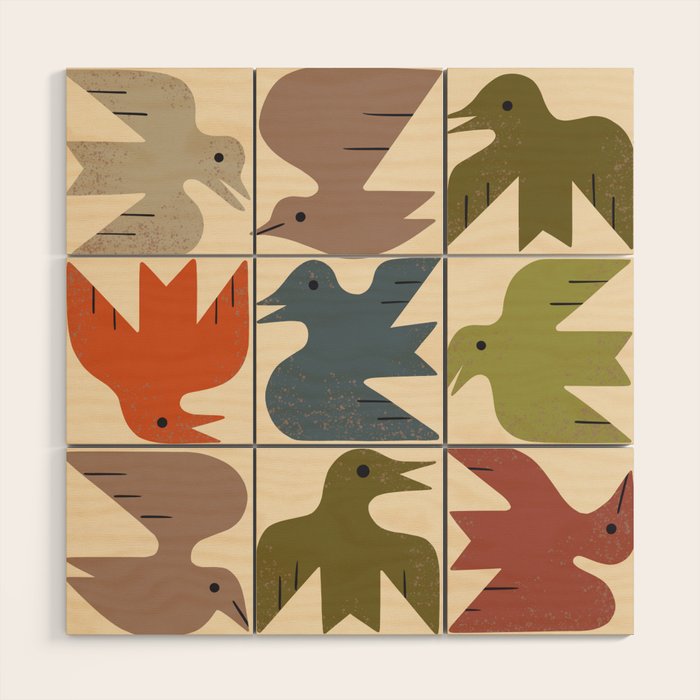 Midcentury Bird Grid Wood Wall Art Gallery Image 1