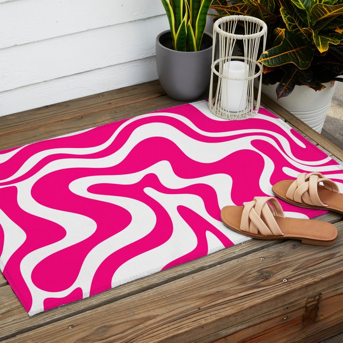 Retro Liquid Swirl Abstract Pattern in Bright Hot Pink Outdoor Rug Gallery Image 2