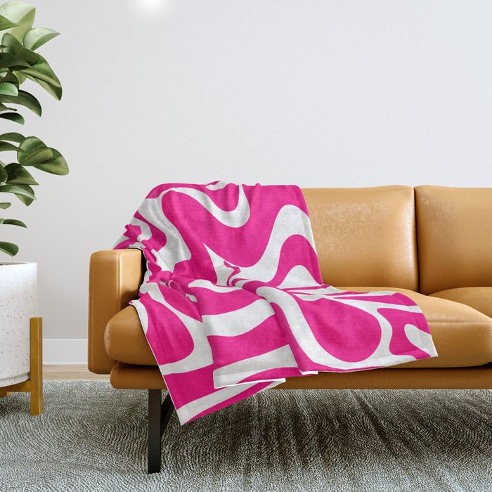 Retro Liquid Swirl Abstract Pattern in Bright Hot Pink Throw Blanket Gallery Image 1