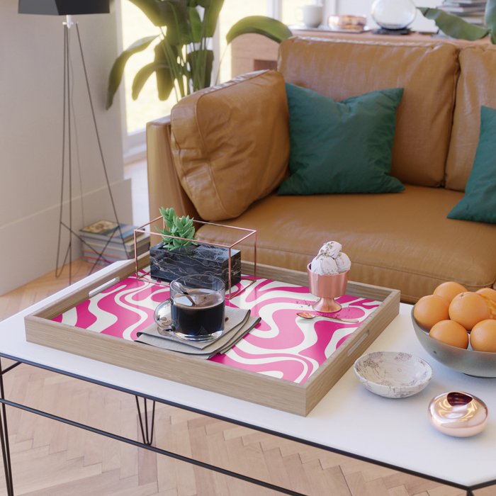 Retro Liquid Swirl Abstract Pattern in Bright Hot Pink Serving Tray Gallery Image 2