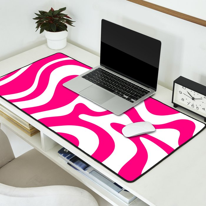 Retro Liquid Swirl Abstract Pattern in Bright Hot Pink Desk Mat Gallery Image 2