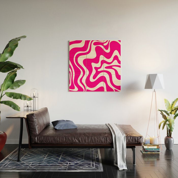 Retro Liquid Swirl Abstract Pattern in Bright Hot Pink Wood Wall Art Gallery Image 2
