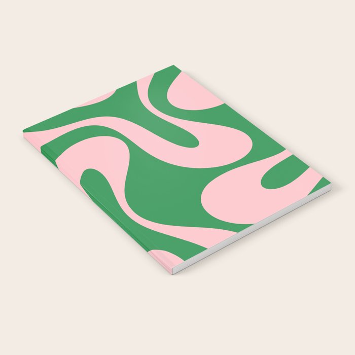 Soft Curves Retro Modern Abstract Pattern in Green and Light Pink Notebook