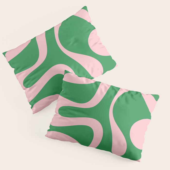 Soft Curves Retro Modern Abstract Pattern in Green and Light Pink Pillow Sham Gallery Image 3
