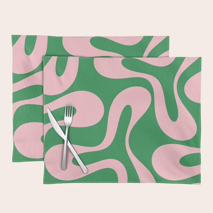 Soft Curves Retro Modern Abstract Pattern in Green and Light Pink Placemat Gallery Image 1