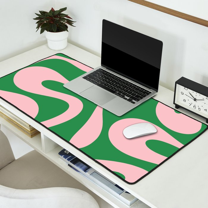 Soft Curves Retro Modern Abstract Pattern in Green and Light Pink Desk Mat Gallery Image 2