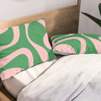 Soft Curves Retro Modern Abstract Pattern in Green and Light Pink Pillow Sham Gallery Image 2