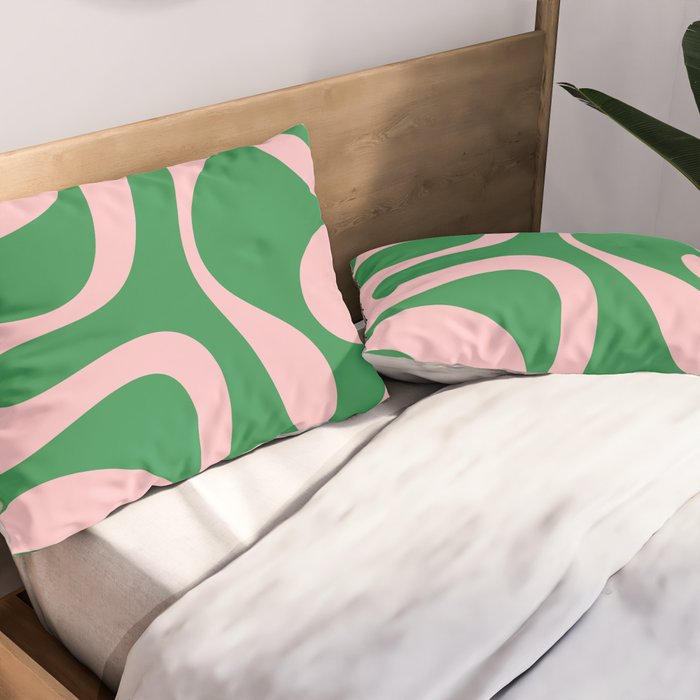 Soft Curves Retro Modern Abstract Pattern in Green and Light Pink Pillow Sham Gallery Image 2