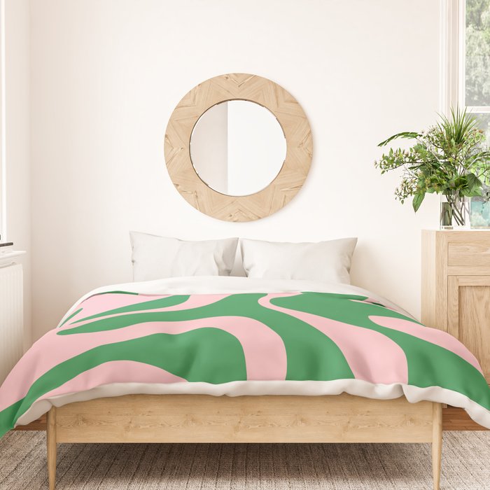 Soft Curves Retro Modern Abstract Pattern in Green and Light Pink Duvet Cover Gallery Image 3