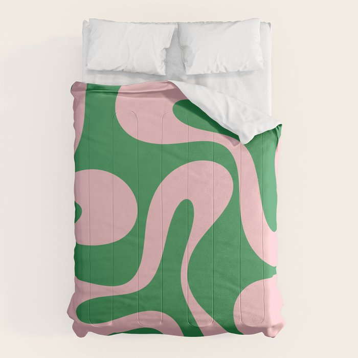 Soft Curves Retro Modern Abstract Pattern in Green and Light Pink Comforter Gallery Image 1