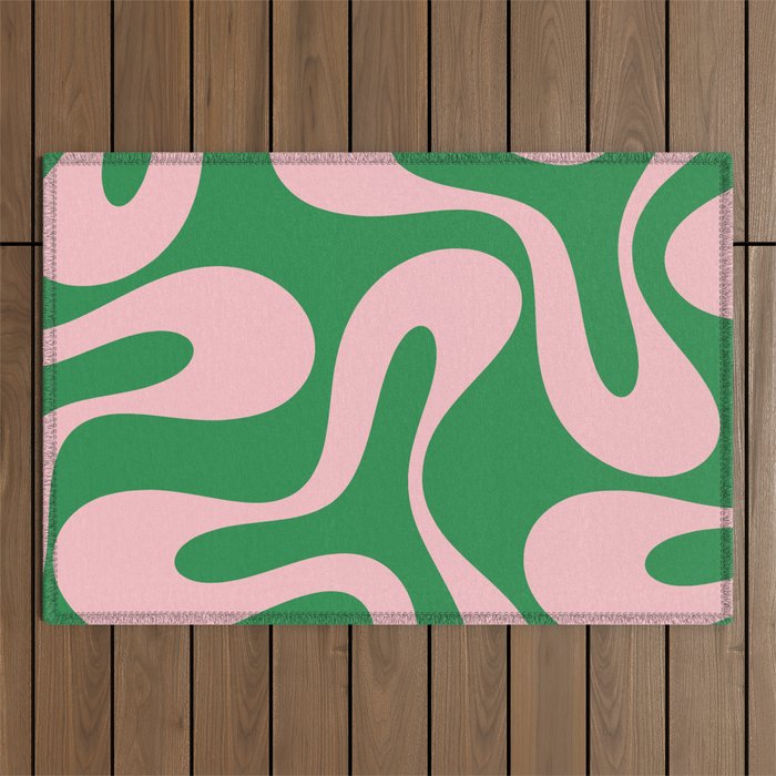 Soft Curves Retro Modern Abstract Pattern in Green and Light Pink Outdoor Rug Gallery Image 1