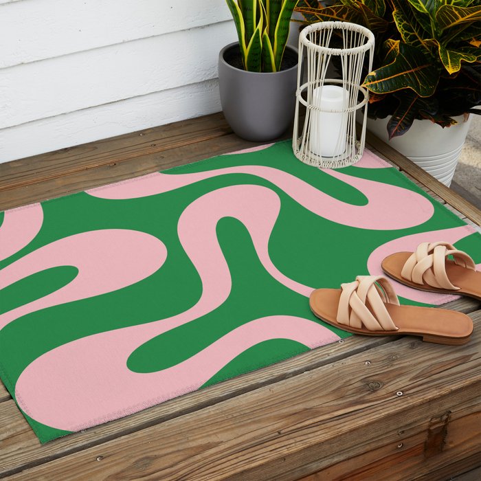Soft Curves Retro Modern Abstract Pattern in Green and Light Pink Outdoor Rug Gallery Image 2