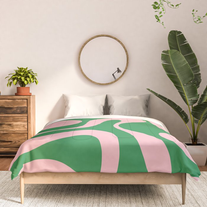 Soft Curves Retro Modern Abstract Pattern in Green and Light Pink Comforter Gallery Image 3