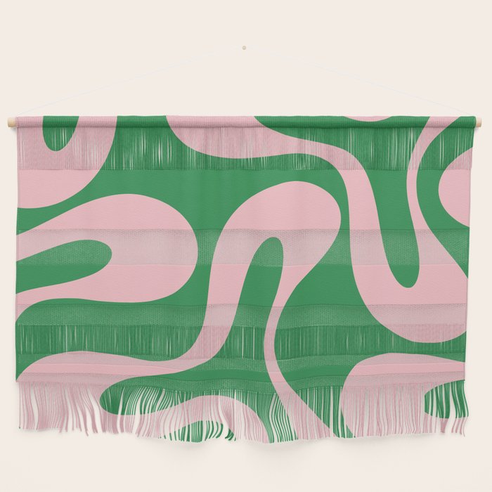 Soft Curves Retro Modern Abstract Pattern in Green and Light Pink Wall Hanging Gallery Image 1