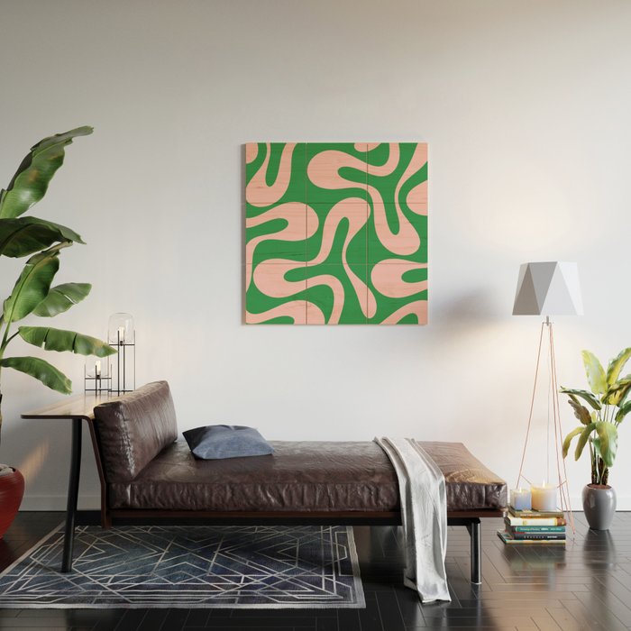 Soft Curves Retro Modern Abstract Pattern in Green and Light Pink Wood Wall Art Gallery Image 2