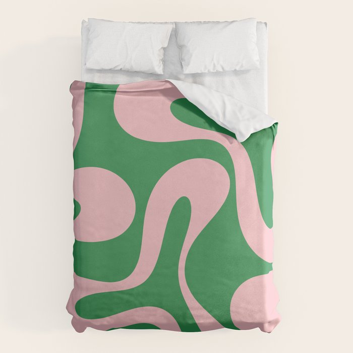 Soft Curves Retro Modern Abstract Pattern in Green and Light Pink Duvet Cover Gallery Image 6