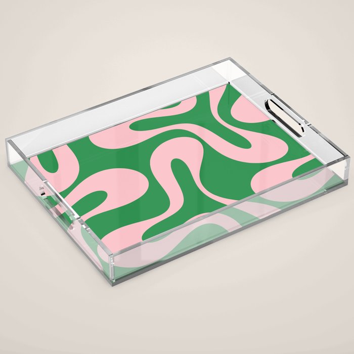 Soft Curves Retro Modern Abstract Pattern in Green and Light Pink Acrylic Tray Gallery Image 1