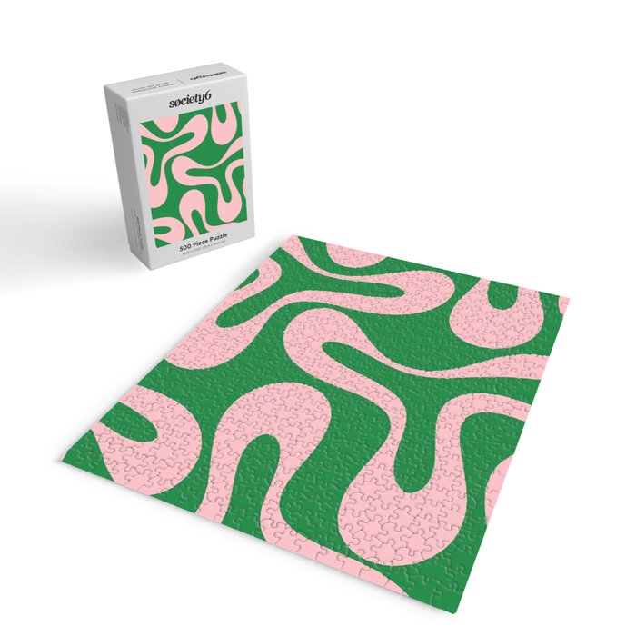 Soft Curves Retro Modern Abstract Pattern in Green and Light Pink Jigsaw Puzzle Gallery Image 2