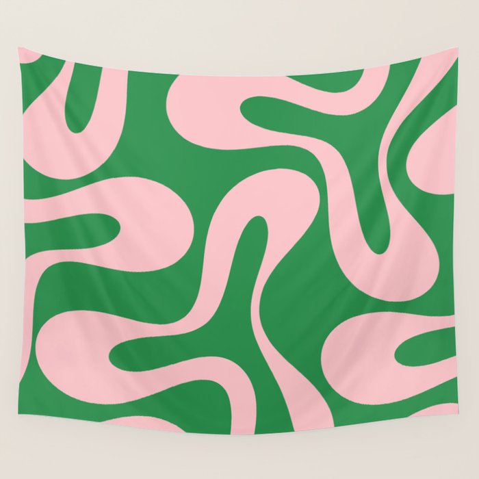 Soft Curves Retro Modern Abstract Pattern in Green and Light Pink Wall Tapestry Gallery Image 4