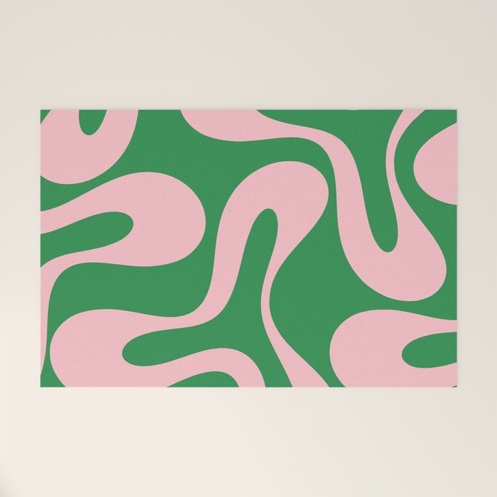 Soft Curves Retro Modern Abstract Pattern in Green and Light Pink Welcome Mat Gallery Image 1
