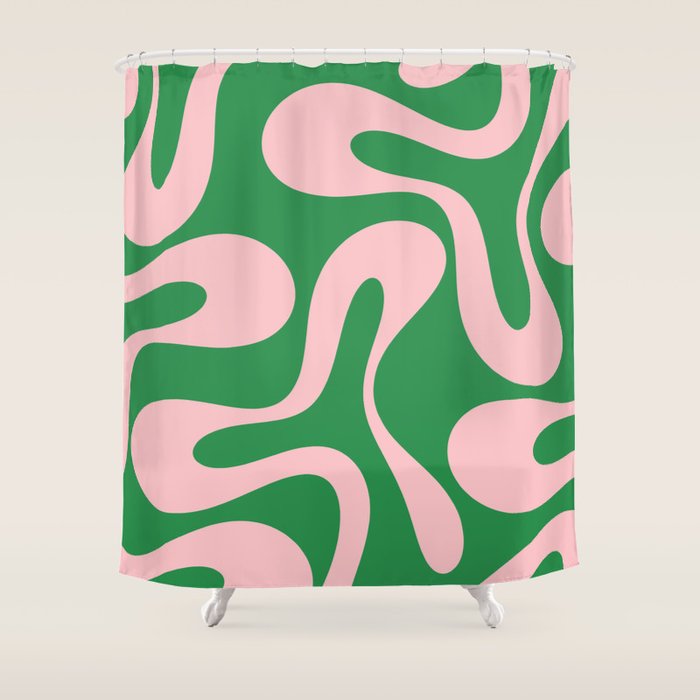 Soft Curves Retro Modern Abstract Pattern in Green and Light Pink Shower Curtain Gallery Image 1