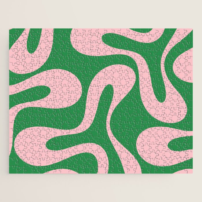 Soft Curves Retro Modern Abstract Pattern in Green and Light Pink Jigsaw Puzzle Gallery Image 1