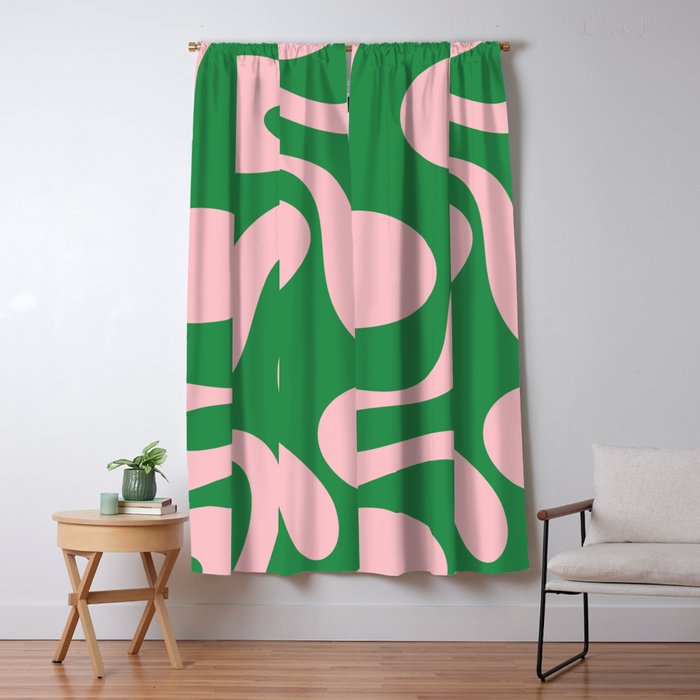 Soft Curves Retro Modern Abstract Pattern in Green and Light Pink Window Curtain Gallery Image 5