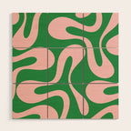 Soft Curves Retro Modern Abstract Pattern in Green and Light Pink Wood Wall Art Gallery Image 1