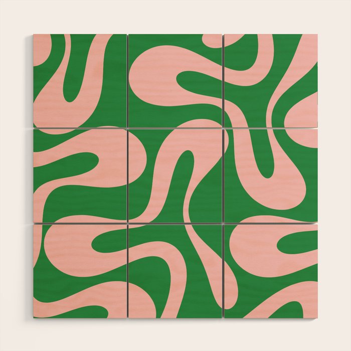 Soft Curves Retro Modern Abstract Pattern in Green and Light Pink Wood Wall Art Gallery Image 1