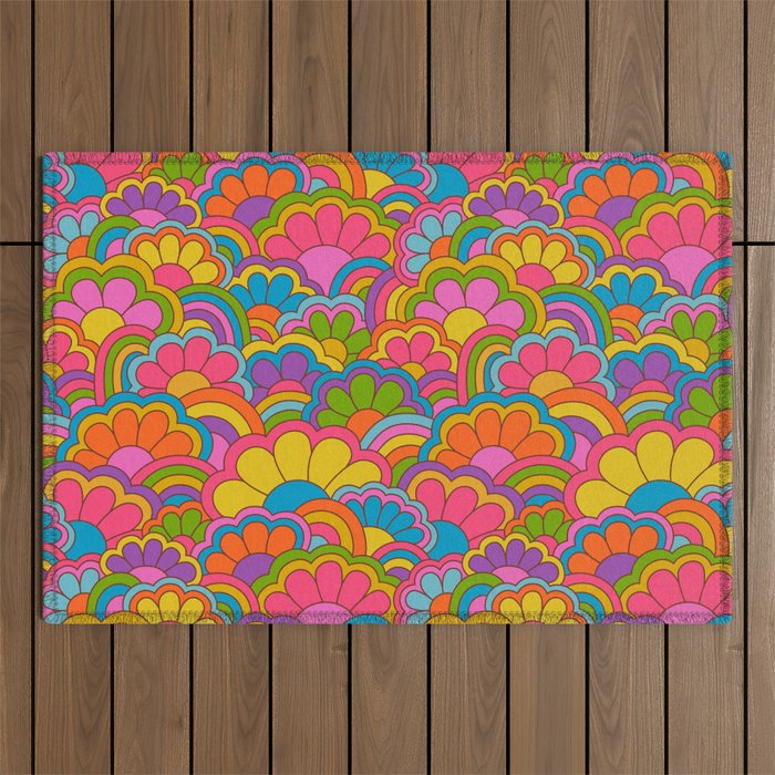 Retro Rainbow Flower Pattern Outdoor Rug